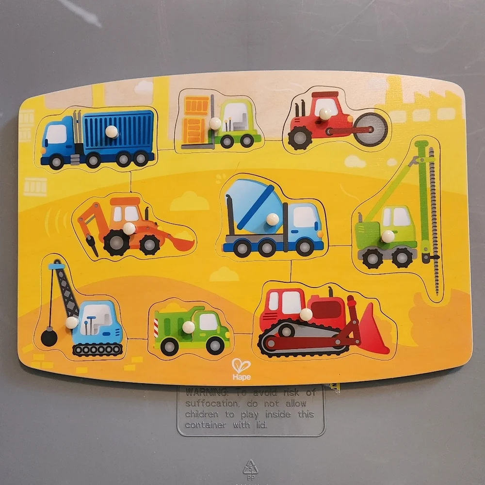 Wooden Vehicle Peg Fine Motor Toddler Puzzle - Yellow and Red Hape Lakeshore